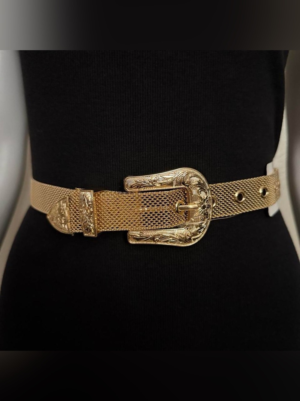 Gold tone metal mesh skinny belt